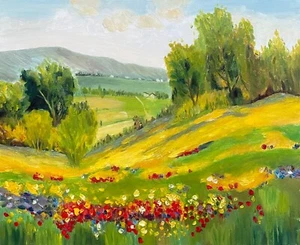 "Flower Mountain Meadows" Oil Original Painting, Canadian By Qiulian Zhang - Picture 1 of 1