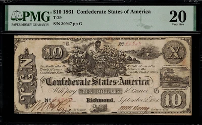 T-29 $10 1861 Confederate Currency CSA - Graded PMG 20 - Very Fine - Image 1 of 2