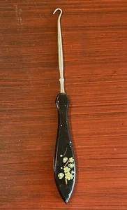 Antique Celluloid Lucite Ladies Victorian Shoe Boot Button Hook Black Blossoms - Picture 1 of 4