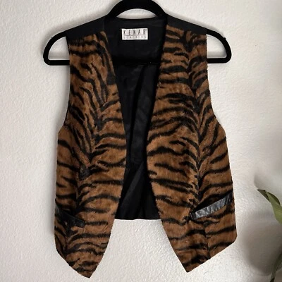 Colete de Couro Genuíno Vintage KENAR (M) Animal Estampa de Tigre Bolsos Anos 90 Unissex - Imagem 1 de 4