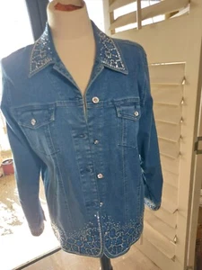Quacker Factory Blue Bling Embellished Rhinestone Studded Denim Jean Jacket sz S - Picture 1 of 14