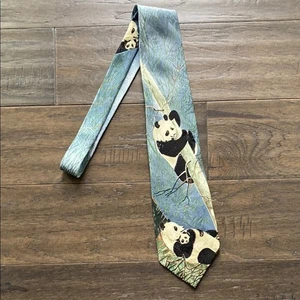 ENDANGERED SPECIES Panda Print Mens Tie Blue and Green Silk - Picture 1 of 4