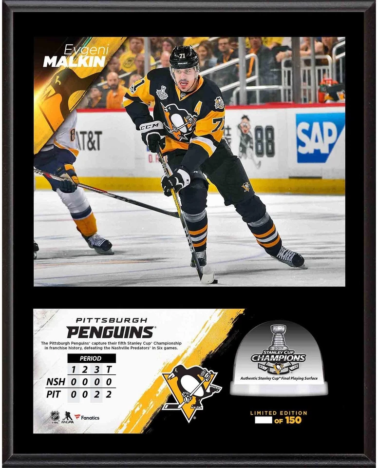 Placa y hielo usado Evgeni Malkin Penguins '17 Stanley Cup Champs 12x15 Foto 1 de 1