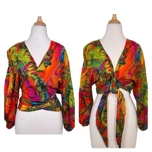 Farm Rio Womens Urgan Jungle Tie-Front Top Size M Colorful Tropical Resort Beach - Picture 1 of 19