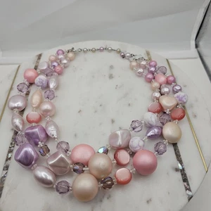Vintage Multi 3 Strand Statement Necklace Faux Pearl Bead Crystal Toggle Clasp - Picture 1 of 6