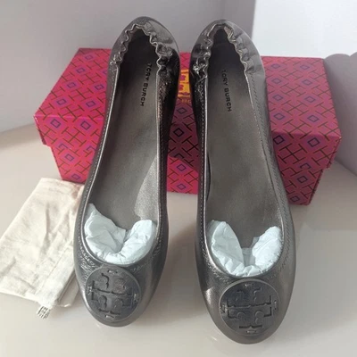 Tory Burch NIB $228 Minnie Leather Ballet Flats Spring Pewter Metallic 9.5 10 11 - Image 1 of 4
