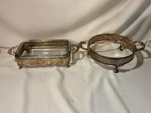 Set Vintage Silver Plated Footed Casserole Dish Holder 9.25" x 5.5" & 8 1/8" Dia - Picture 1 of 18