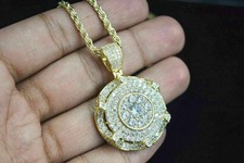 Solid 3.10Ct Round Cut Diamond Medallion Pendant Pave Charm 14K Yellow Gold Fin