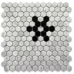 C31F2XP Carrara White 1" Hexagon Black Marble Snowflake Mosaic Tile Polished - Picture 1 of 8