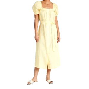 Sleeper Womens Brigitte Midi Linen Dress With Belt Medium Yellow - Picture 1 of 14