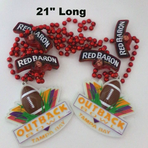 Outback Bowl Tampa Bay 1996 Mardi Gras Beads Necklace Pendant Red Baron Bead Cover