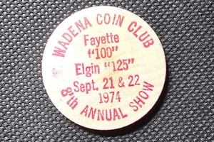Vintage 1974 Wooden Nickel Madena Coin Club 8th Annual Fayette 100 Elgin 125 Red - Picture 1 of 2