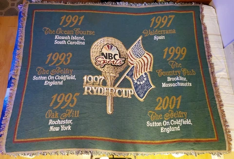 Vintage 1997 RYDER CUP VALDERRAMA NBC SPORTS GOLF Woven Throw Blanket Afghan Cover
