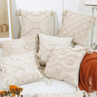 PURE COTTON & LINEN BOHO STYLE TASSEL TUFTED CUSHION COVER HOME DECORATION 45 CM - Image 1 of 4