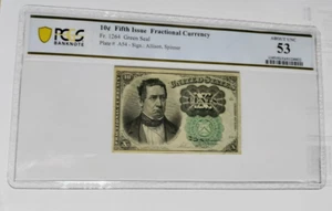 1874 10 Cent Fractional, 5th issue, Green Seal, PCGS 53, about UNC. N1ce, rare - Picture 1 of 2