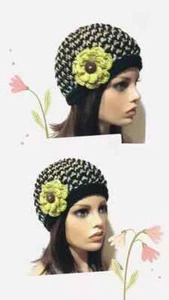 crochet handmade womans flower hat beanie posts sandcastle tan green - Picture 1 of 3