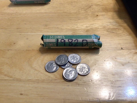 1982 D Roosevelt Dime Roll - 50 Coins, Circulated, Free Shipping Cover