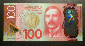 New Zealand 100 Dollar Polymer Note First Prefix AA16354710 Uncirculated - Picture 1 of 2