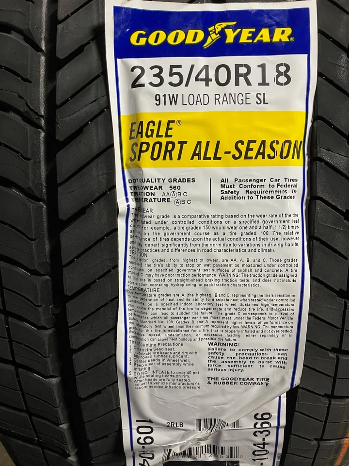 2 New 235 40 18 Goodyear Eagle Sport All Season Tires - Image 1 of 4
