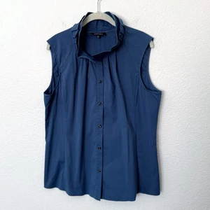 Blusa de trabajo Lafayette 148 talla 14 azul con cuello con volantes sin mangas con botones - Imagen 1 de 12