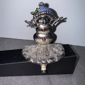 Silvertone Cast Metal Snowman Red buttons ,Blue Hat Mantle/Shelf Stocking Hanger - Picture 1 of 10