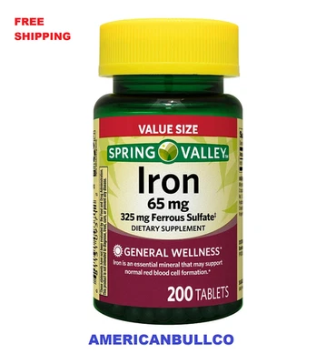Spring Valley Iron 65 mg Dietary Supplement – 200 Tablets – Mineral Support - Image 1 of 4