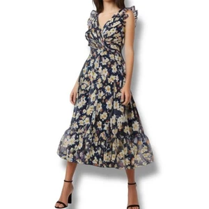 Mac Duggal Ieena Size 2 Floral Print V-Neck Midi Dress Semi Formal Ruffled 55665 - Picture 1 of 10