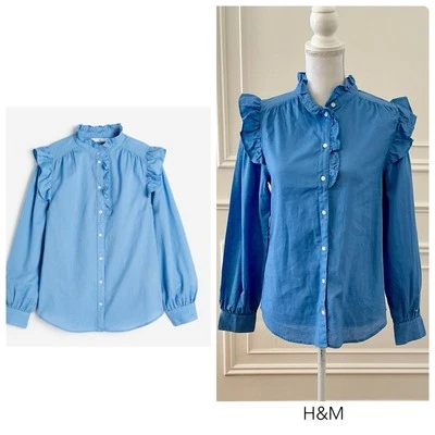 Blusa H&M Volantes Mezcla de Lino Azul Manga Larga Talla Pequeña Nueva con Etiquetas Foto 1 de 4