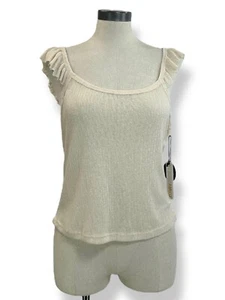 AMUSE SOCIETY Cami Tank Top Sz L Beige Ribbed Knit Flutter Strap Top Boho Chic - Picture 1 of 7