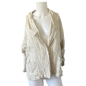Free People Simply Striped Linen Blazer Tan Oversize Lagenlook Womens Size Small - Picture 1 of 6