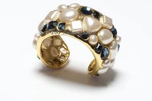 CHANEL Paris 1990’s Wide Gold Plated Blue Crystal Pearl Cuff Bracelet - Picture 1 of 6