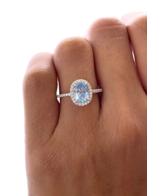 Anillo de boda Art Deco de plata 925 chapado en oro blanco de 14K aguamarina corte ovalado Foto 1 de 4