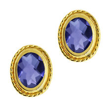 1.30 Ct Oval Iolite Checkerboard 18K Yellow Gold Plated Silver Earrings