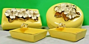 Vintage Art Deco Keramik Waschtisch Set gelb mit weißen & goldenen Blumen vor 1930 - Bild 1 von 12