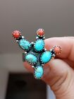 Sterling Silver Cactus Ring Turquoise And Coral Size 8.25 Adjustable