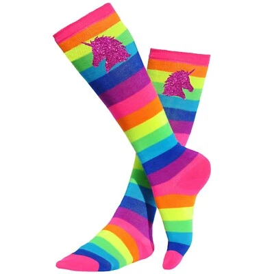 Girls Socks Unicorn Rainbow Knee High Striped Long Stockings Kids Leg Warmers - Image 1 of 4