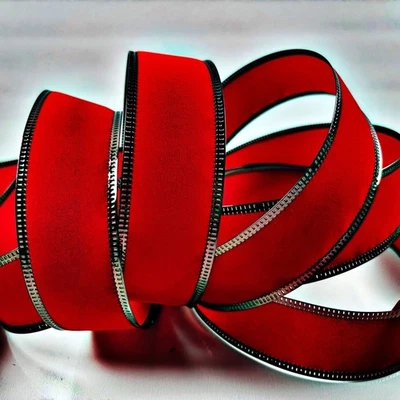 "Cinta con cable de terciopelo rojo 10 yardas X 1,5"" borde metálico nueva" Foto 1 de 4