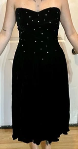Vtg Katie MFG Midi Dress Sz 14 Black Velvet Studded 80s Sweetheart Smocked - Picture 1 of 7