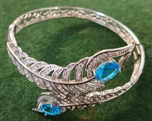 Brazalete de plata de ley con pluma de pavo real con aguamarina joya - Imagen 1 de 5
