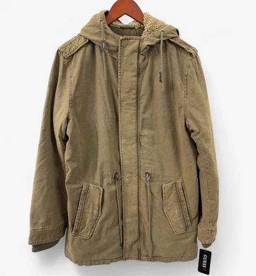 Guess Mens M Coat Khaki Twill Field Jacket Sherpa Hood Quilt Liner Mid Length - Image 1 of 4