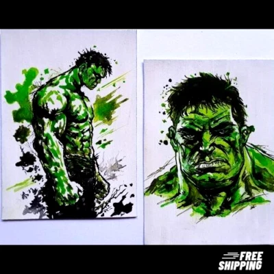 02 Piezas ACEO Original Hulk Héroe Dibujos Animados Arte Set Acrílico Pintura a Mano NUEVO Foto 1 de 4