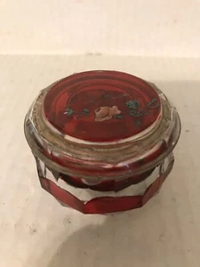 VINTAGE NEW YORK SOUVENIR RUBY AND CLEAR GLASS TRINKET BOX 3" DIA. - Picture 1 of 6