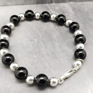 Pulsera Tiffany & Co. de plata de ley 925 y bola de ónix negro con cuentas de 8,5" pulgadas - Imagen 1 de 5