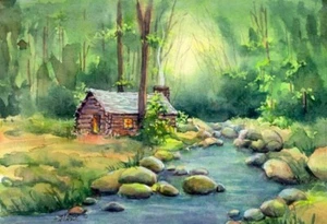 ACEO, ATC WARM CABIN by Sharon Sharpe!!! - Picture 1 of 1