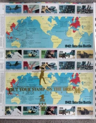 WW II 1942 INTO THE BATTLE #2697 Full Mint Sheet of 20 STAMPS. 29 CENT WWII  - Image 1 of 2