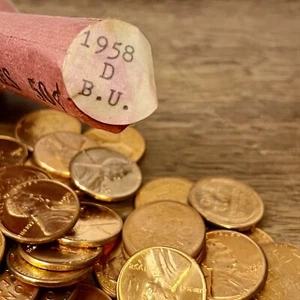 1958-D Lincoln Wheat Cent Penny Roll of 49 GEM RED Uncirculated Old Bank Wrap - Picture 1 of 15