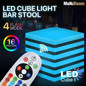 16"LED Cube Striped Bar Stool Pub Seat 16 Colors Changing Chair w/Remote Control - Picture 1 of 10