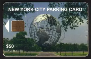 $50. Tarjeta de estacionamiento de Nueva York: Unisphere Earth Globe. Tarjeta de tránsito Chip #1 usada - Imagen 1 de 3