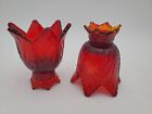 Vintage Fenton Ruby Red Tulip Shaped, 2-Way Reversible Candle Holders Set Of Two