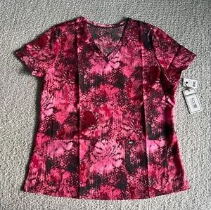 Koi Next Gen Scrub Top Women’s Sz Large Pink Energy Ikat Floral Stretch Nursing - Picture 1 of 10